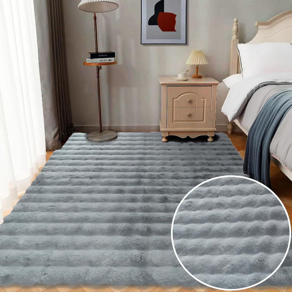 Faux Rabbit Fur Rug 4x6 ft Cloud Gray Bubble Fur Area Rug Washable