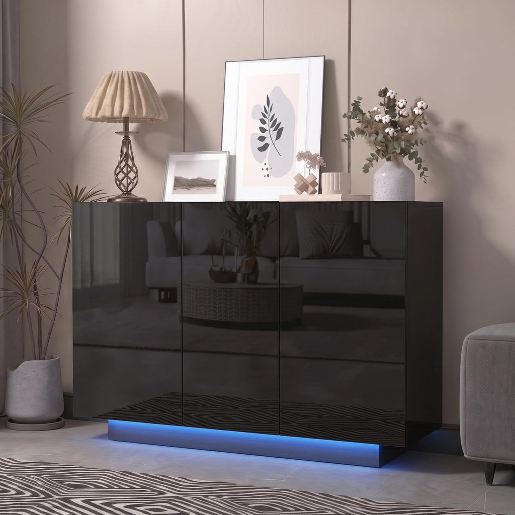 Modern 39.4" High Gloss Buffet Cabinet with LED Lights, Black