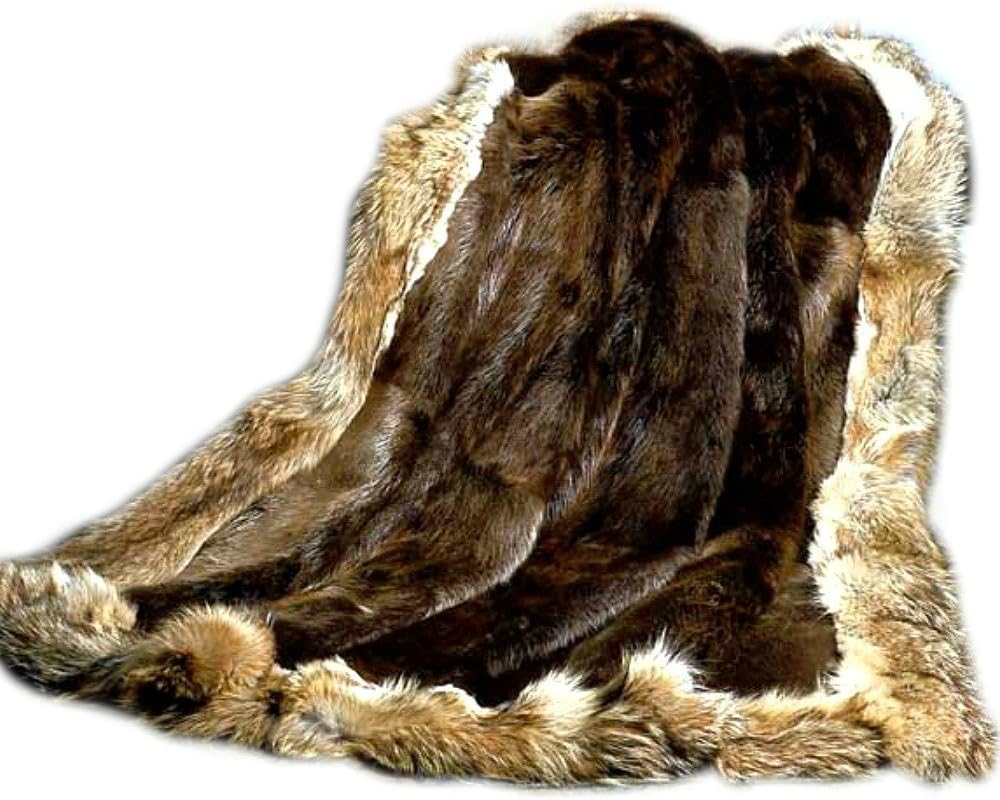 Brown Bear Shag with Coyote Border Trim - Premium Quality Faux Fur - Designer Throw Blanket - Soft Minky Cuddle