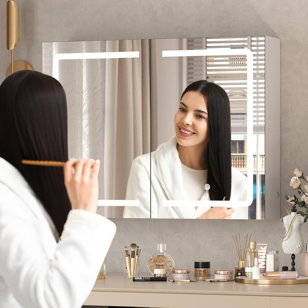 Medicine Cabinet with Mirrors and Storage 31.5''x23.6'' Wall Mounted Bathroom Mirror Cabinets with Led Lights Double