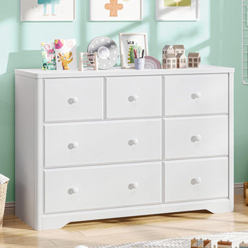 7 Drawers Dresser Cabinet, Kids & Nursery Storage Chest, Multi-Functional Wood Large Chest of Drawers, White Dresser
