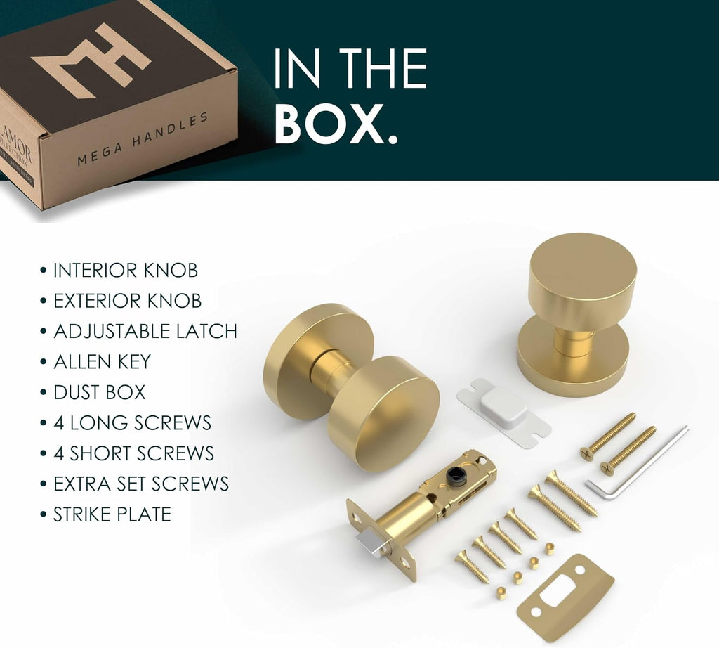 Satin Brass Passage Door Knobs Buena 1 Pack Solid Zinc Interior Door Knob, Reversible Heavy Duty Brushed Gold Handles