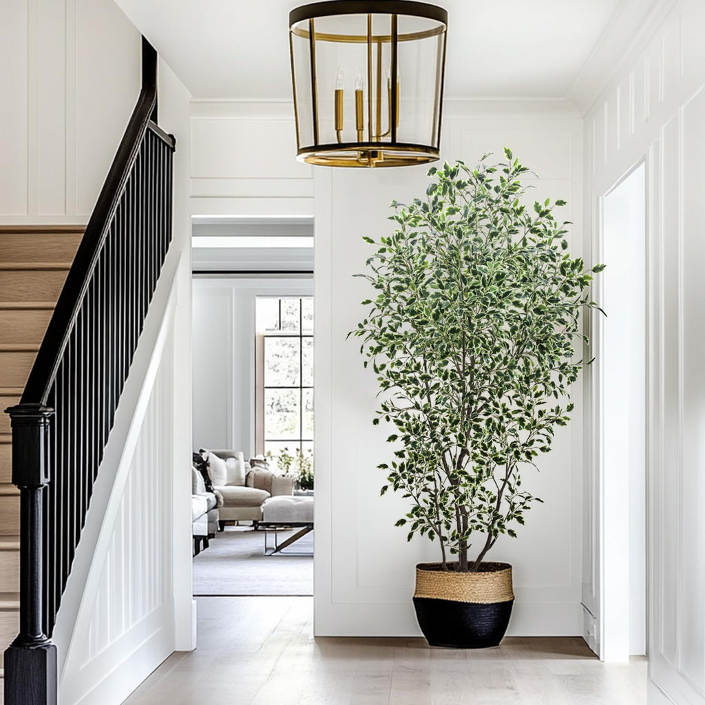 Artificial Ficus Tree, 8ft Tall, Variegated Green and White Foliage, Zero Maintenance Indoor Decorative Plant with