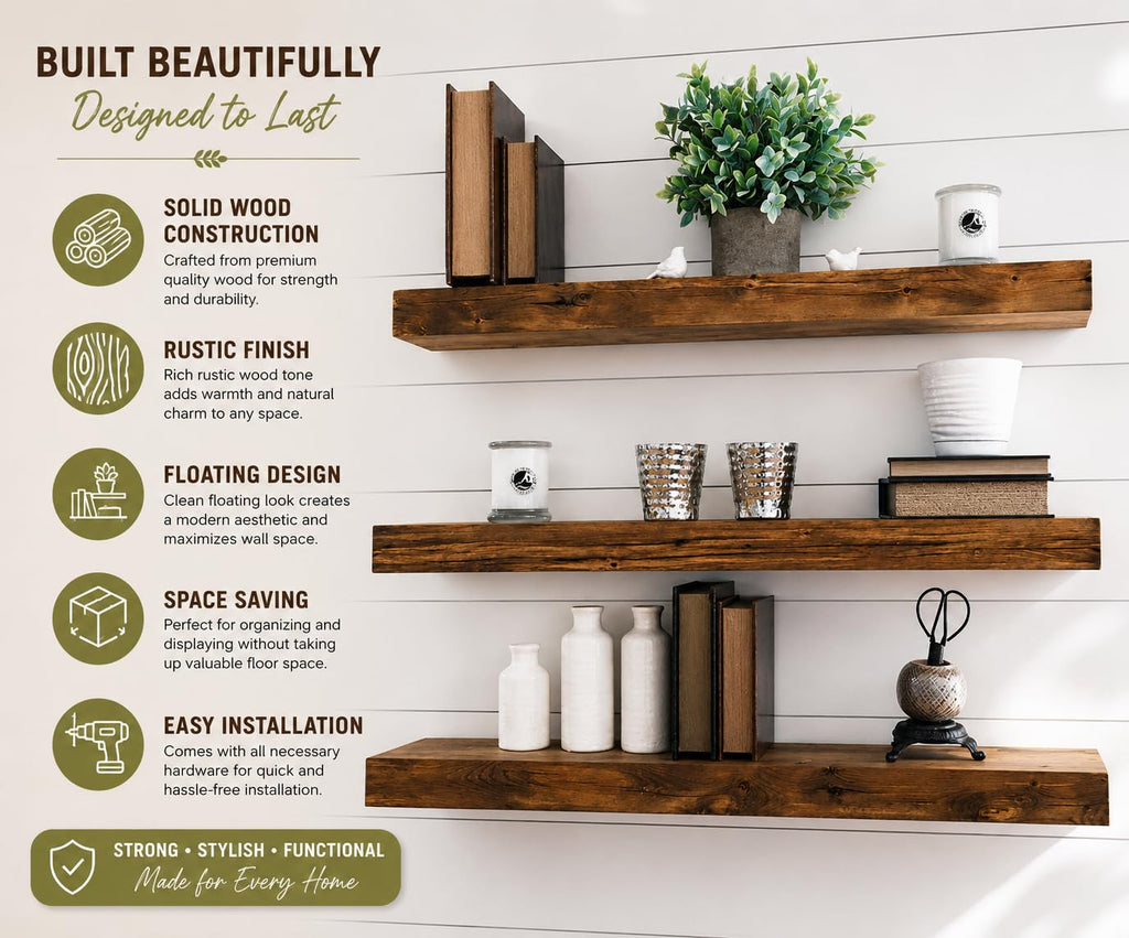 Sheesham Floating Shelves for Wall Set of 3, Rustic Wall Mounted Ledge Shelf (18 Inch)