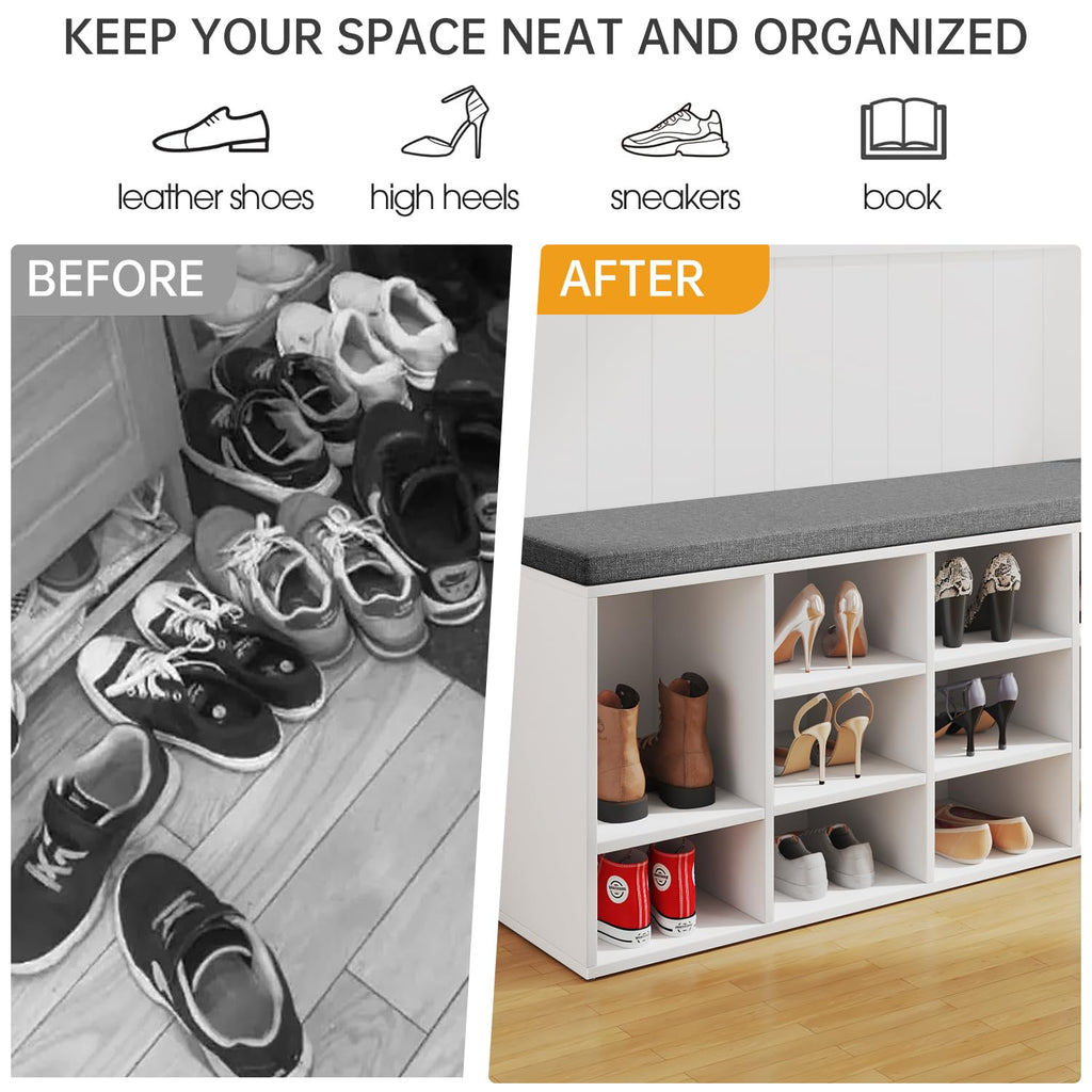 3-Tier Shoe Bench with Cushion | White/Grey | 10 Compartments