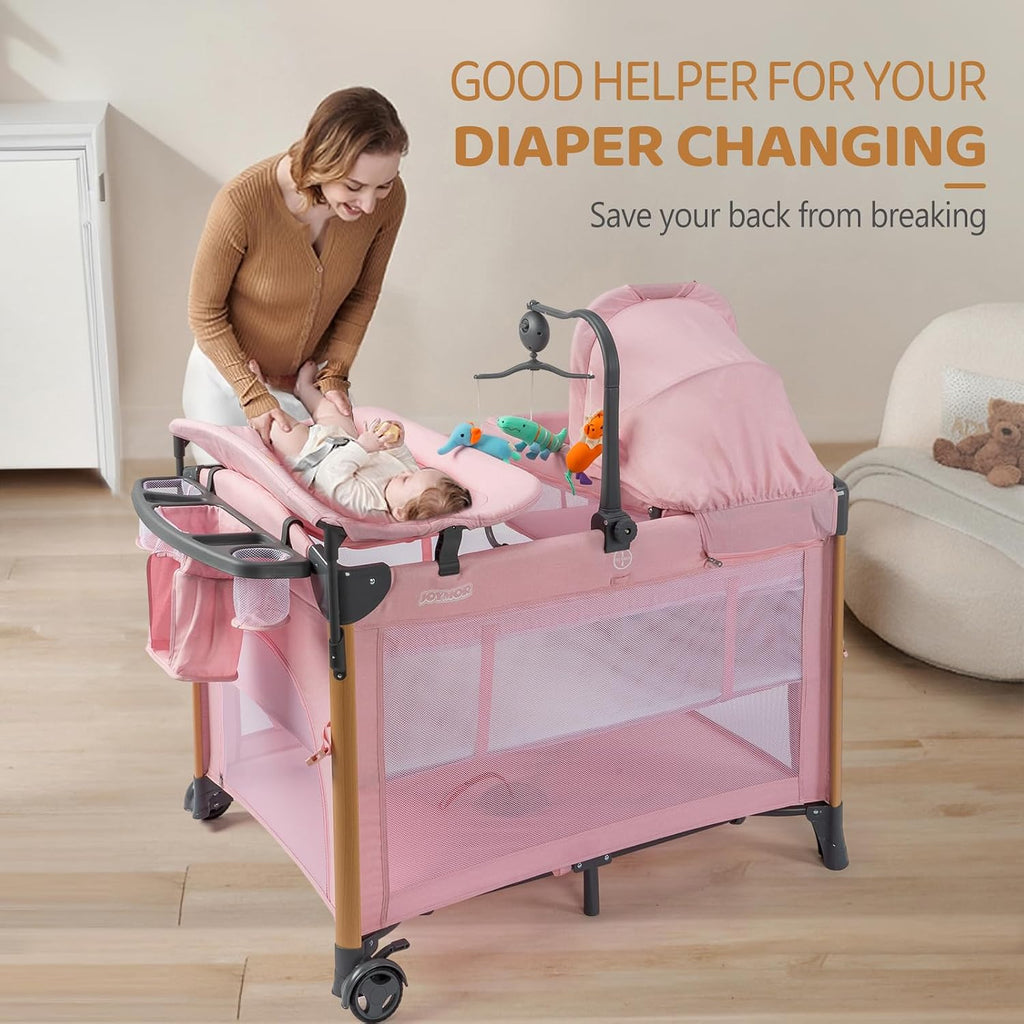 7 in 1 Bedside Bassinet with Changing Table, Baby Girl Bassinet, Pink Bedside Sleeper with Mattress, Sheet, Canopy
