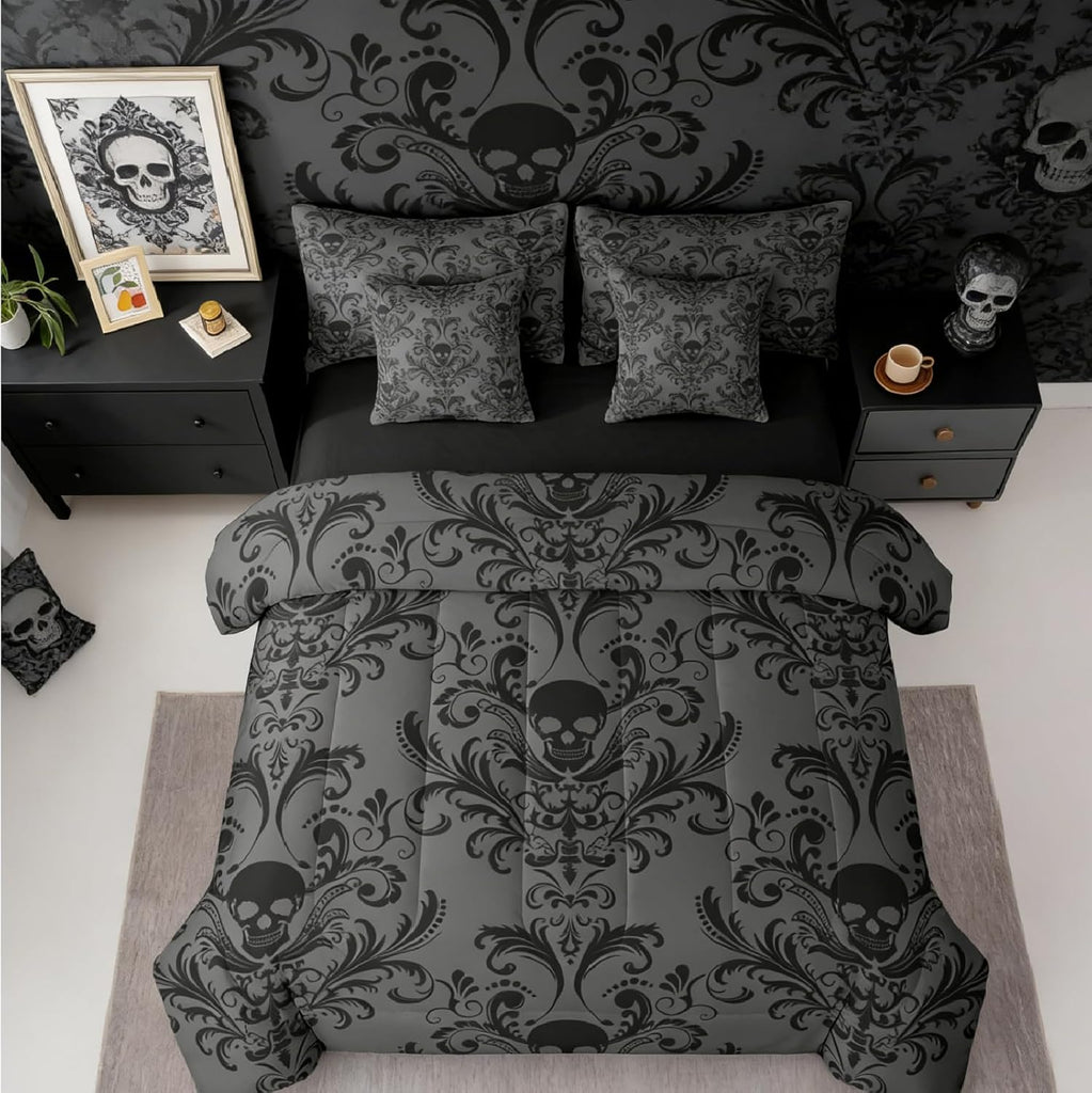 Erosebridal Gothic Damask Bed in a Bag Queen Comforter Set 7 Piece,Sugar Skull Bedding Sets Black Grey Victorian