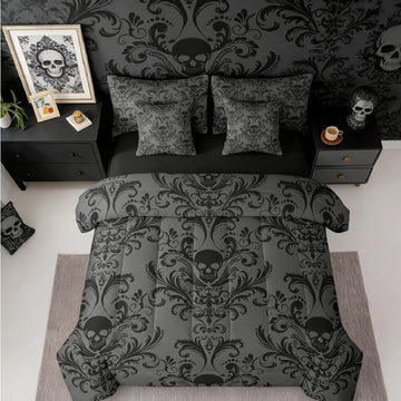 Erosebridal Gothic Damask Bed in a Bag Comforter Set 7 Piece,Sugar Skull Bedding Sets Black Grey Victorian