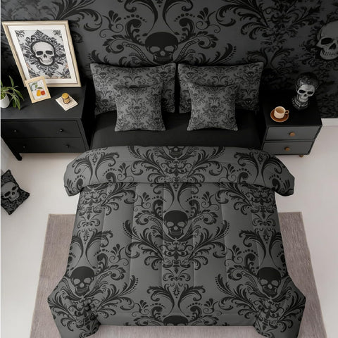 Erosebridal Gothic Damask Bed in a Bag Queen Comforter Set 7 Piece,Sugar Skull Bedding Sets Black Grey Victorian
