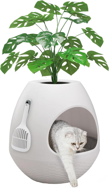 Eggloa6 Plant Litter Box, Hidden Cat Litter Box with Artificial Plants, DIY Litter Box Furniture (Light White)