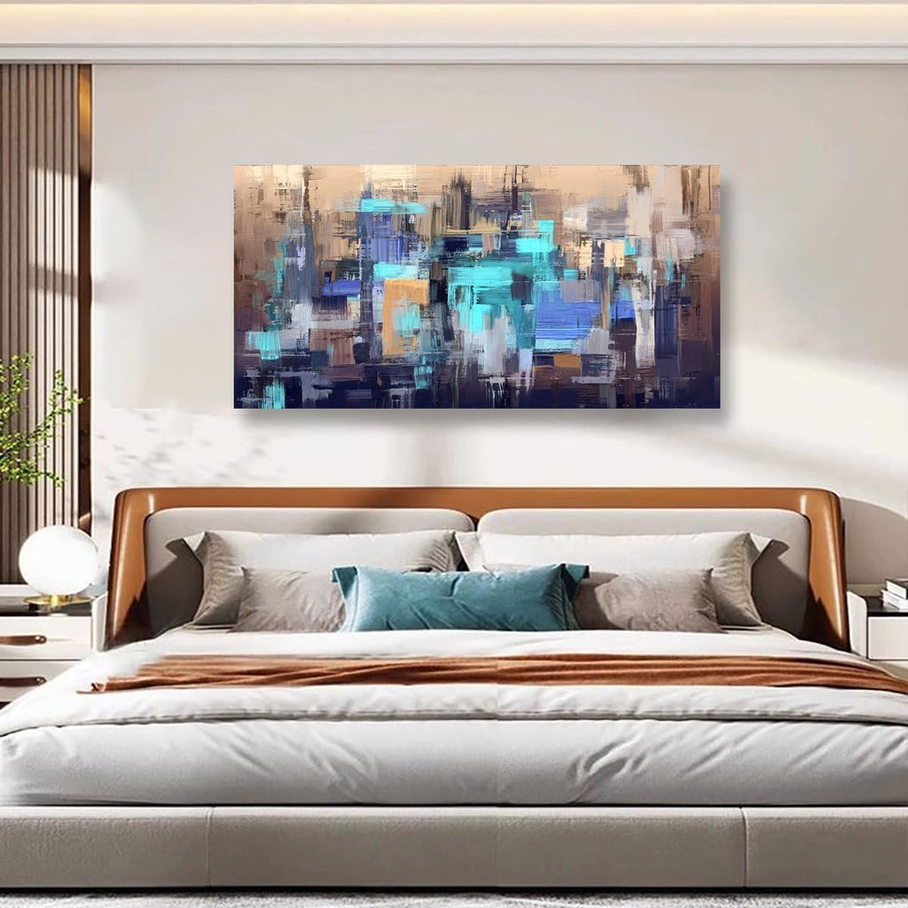 Abstract City Skyline Canvas Wall Art 40x20 Inches Framed Teal Blue Brown Cityscape Wall Decor Wood Frame Waterproof