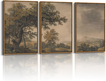Vintage Nature Landscape Framed Canvas Wall Art Set of 3, Beige Brown 16x24 Triptych Tree Mountains Sky Scenery
