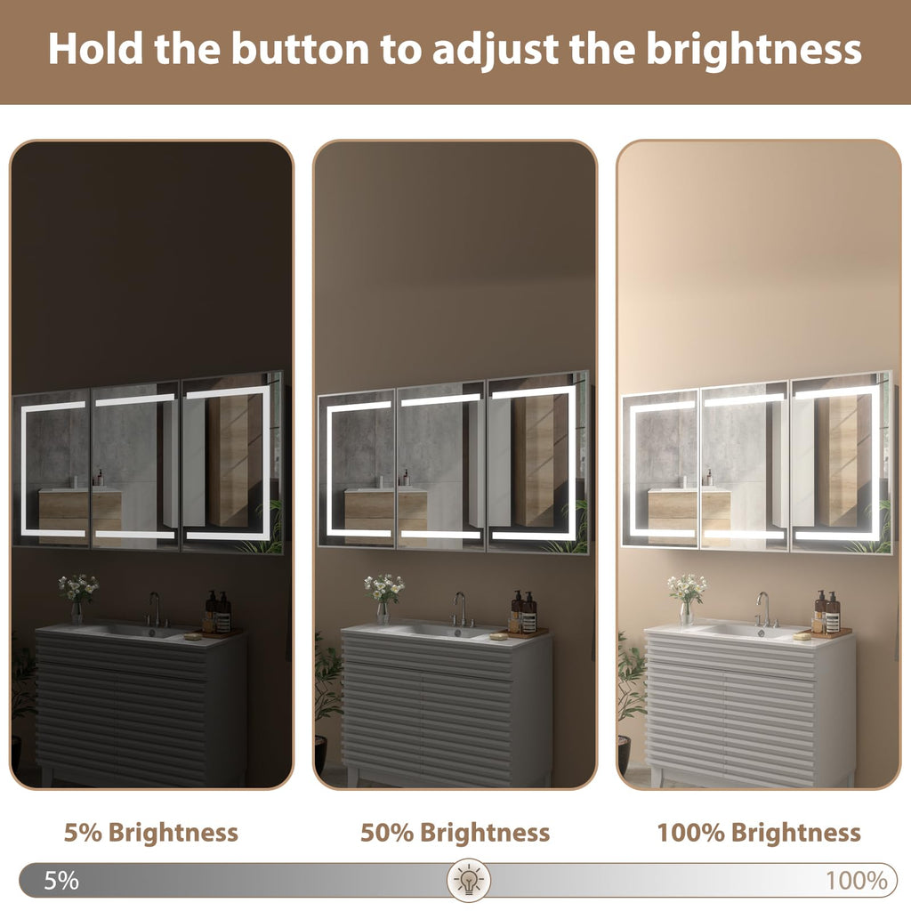 Led Medicine Cabinet with Mirror, Bathroom Vanity Mirror Cabinet with Shelves, 3-Color Lights Dimmer (Silver, 32" H x