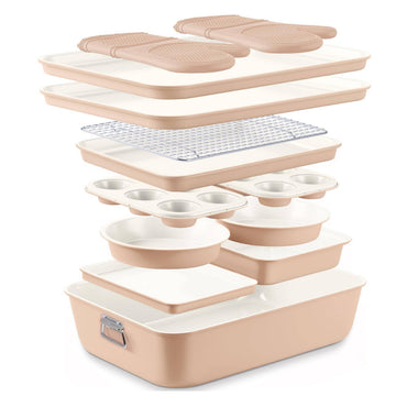 Nonstick Stackable Bakeware Set - Deluxe Heavy Duty, Durable, Easy Release Baking Set, Taupe, 13 Pcs with Handles