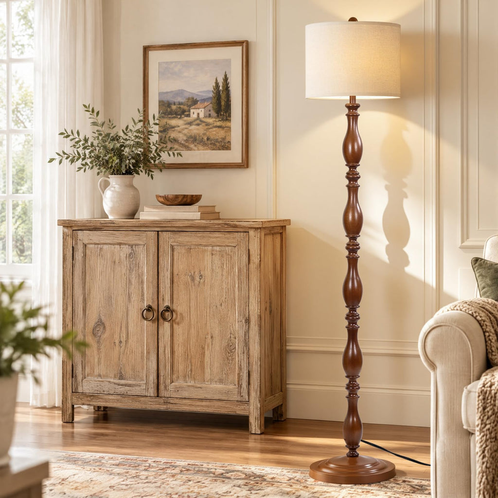 Vintage Wood Floor Lamp with Remote and Dimmable