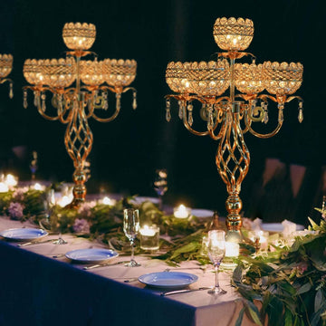 Crystal Candelabra Centerpiece, 5-Light Gold Metal Stand with Hanging Crystals, Decorative Wedding Table Holder (2