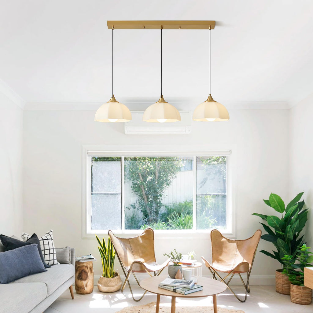Modern 3 Light Pendant Lighting Gold Linear Dining Room Light Fixture Milk Glass Linear Chandelier Brass and White