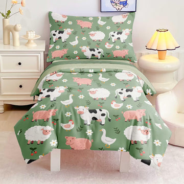 4 Pieces Toddler Bedding Set for Boys Girls,Farmhouse Farm Animal Toddler Comforter Set Bed in a Bag Includes