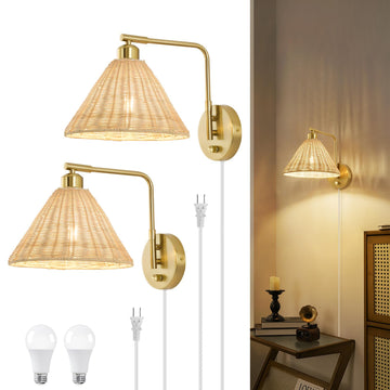Plug in Wall Sconces Set of 2, Rattan Wall Lamps with Cord and Dimmer Switch, Gold Swing Arm Wall Mounted Bedside