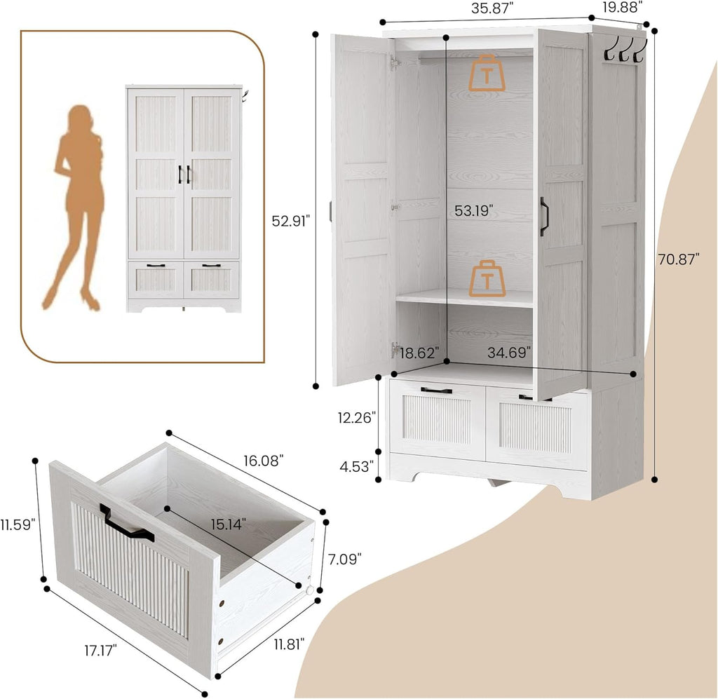 71" Wooden Armoire Wardrobe Closet with 2 Drawers & Hanging Rod | Freestanding Clothing Storage Cabinet with 2 Doors
