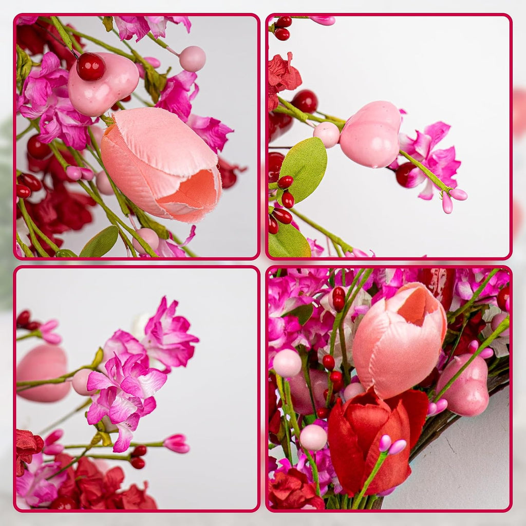 22 Inches Valentine Wreath Red Valentines Wreaths for Front Door Valentine's Day Flower Wreath with Tulips Heart