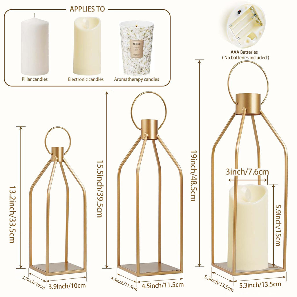Elegant Gold Decorative Lanterns Set of 3-19/16/13 Inch Metal Indoor Lanterns Decorative with Flickering LED Candles