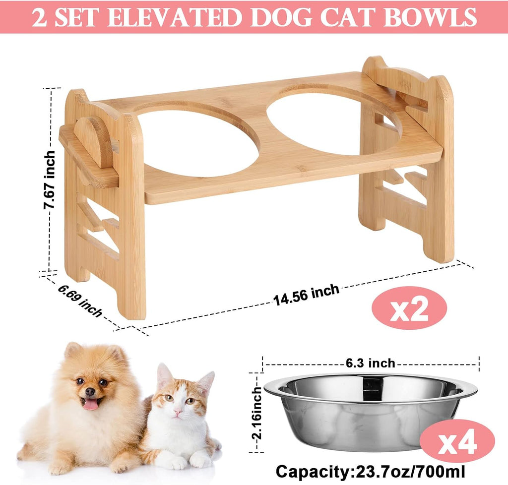 2 Set Elevated Dog Cat Bowls, 15 Tilted Raised Pet Bowl for Puppy and Cats Adjustable Dog Food Feeding Dishes Wood