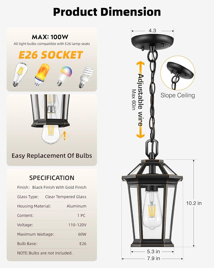 Outdoor Pendant Light Fixtures for Porch, Exterior Ceiling Hanging Lanterns
