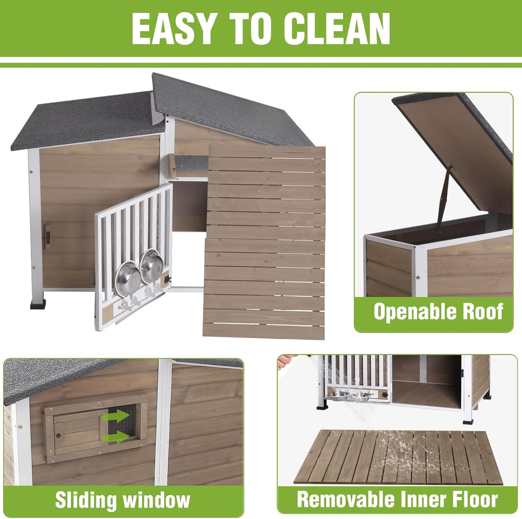 Large Outdoor Insulated Dog House Weatherproof Dog Kennel Dog Shelter with Chew-Proof Full Metal Frame, 360°