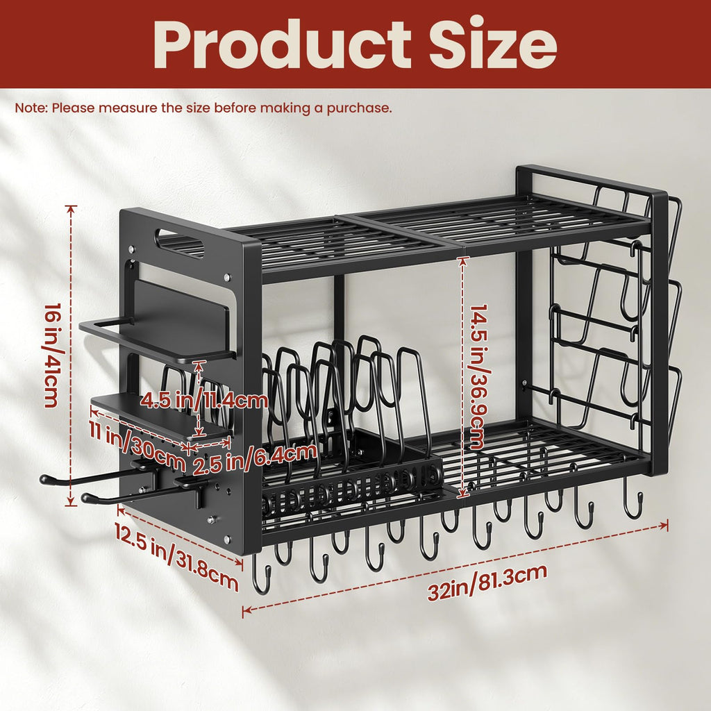 32 Inch Pot Rack Wall Mount,4 in 1 Hanging Heavy Duty Metal Pan Shelf Organizer with 20 Hooks 3 Pot Lid Holder and 8