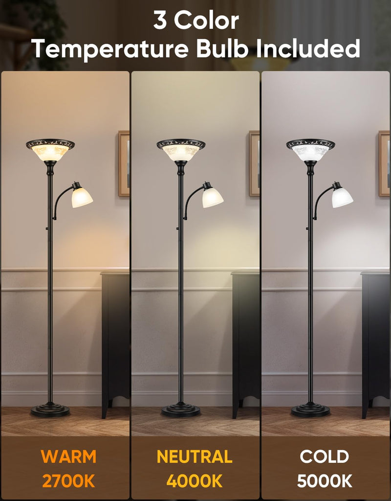 Torchiere Floor Lamps, 71" Tall Standing Lamp with Thick Glass Shade, Metal Pole & Heavy Base, Vintage Corner Lamp