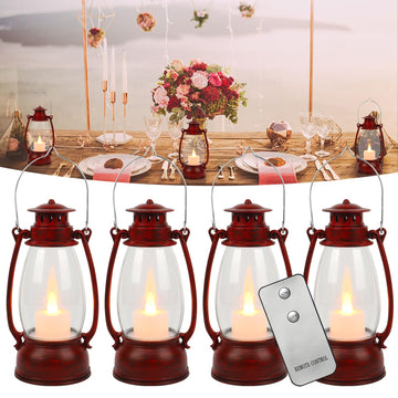 Vintage Red Lantern Decor With Remote Control, 8" Candle Lantern with Handle - Small Hanging Lanterns for Decorative