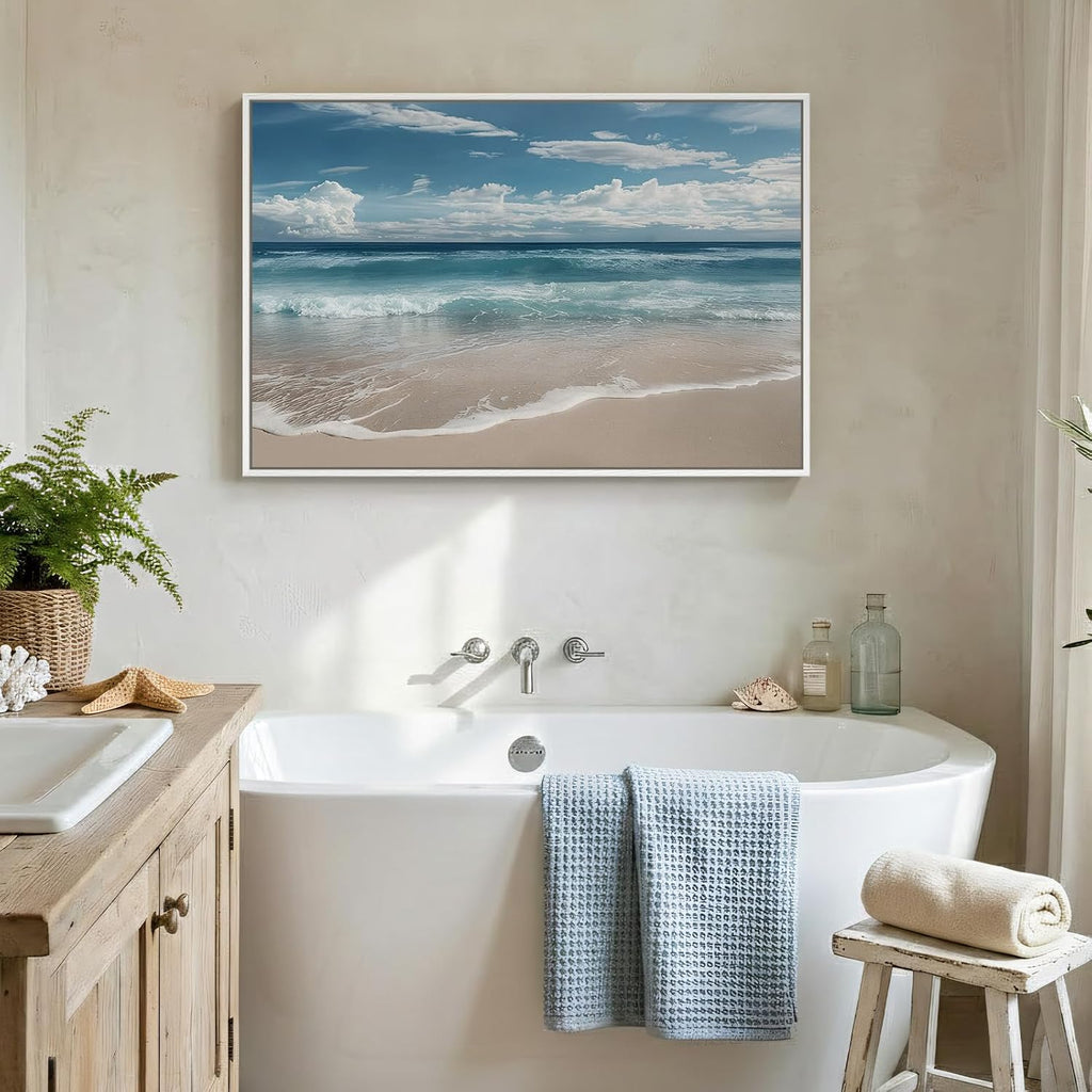 Framed Coastal Beach Wall Art for Room Decor, Blue Ocean Seascape Canvas Artwork for Walls, Nature Nautical Cozy
