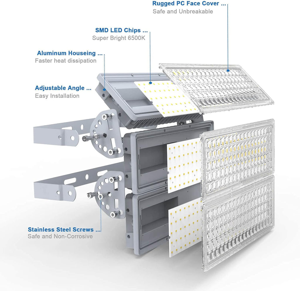 42000LM Stadium Lights Outdoor LED Flood Light 300W 6500K IP67 Waterproof 1500 Watt Equivalent with 3 Adjustable