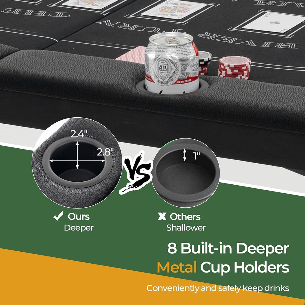 72" Poker Table Foldable, 8 Players Card Board Game Table w/Deep Metal Cup Holders, Casino Grade Felt, Portable