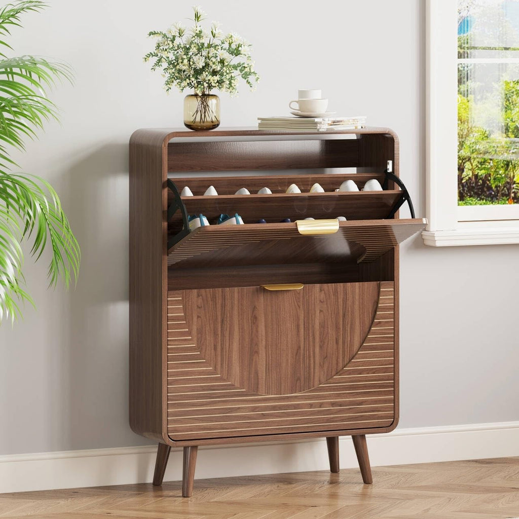 Shoe Storage Cabinet with 2 Flip Drawers , 27.5" Freestanding Hidden Shoe Rack Cabinet, Narrow Shoe Organizer