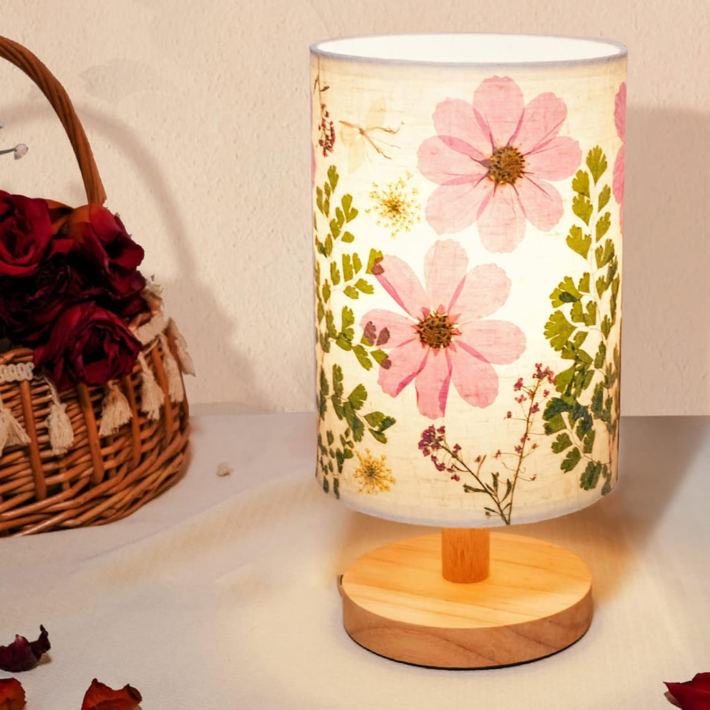 Dried Flowers Small Table Lamp 5W LED Color Bedside Lamp Pressed Flowers Lampshade with Wood Base Living Room Desk