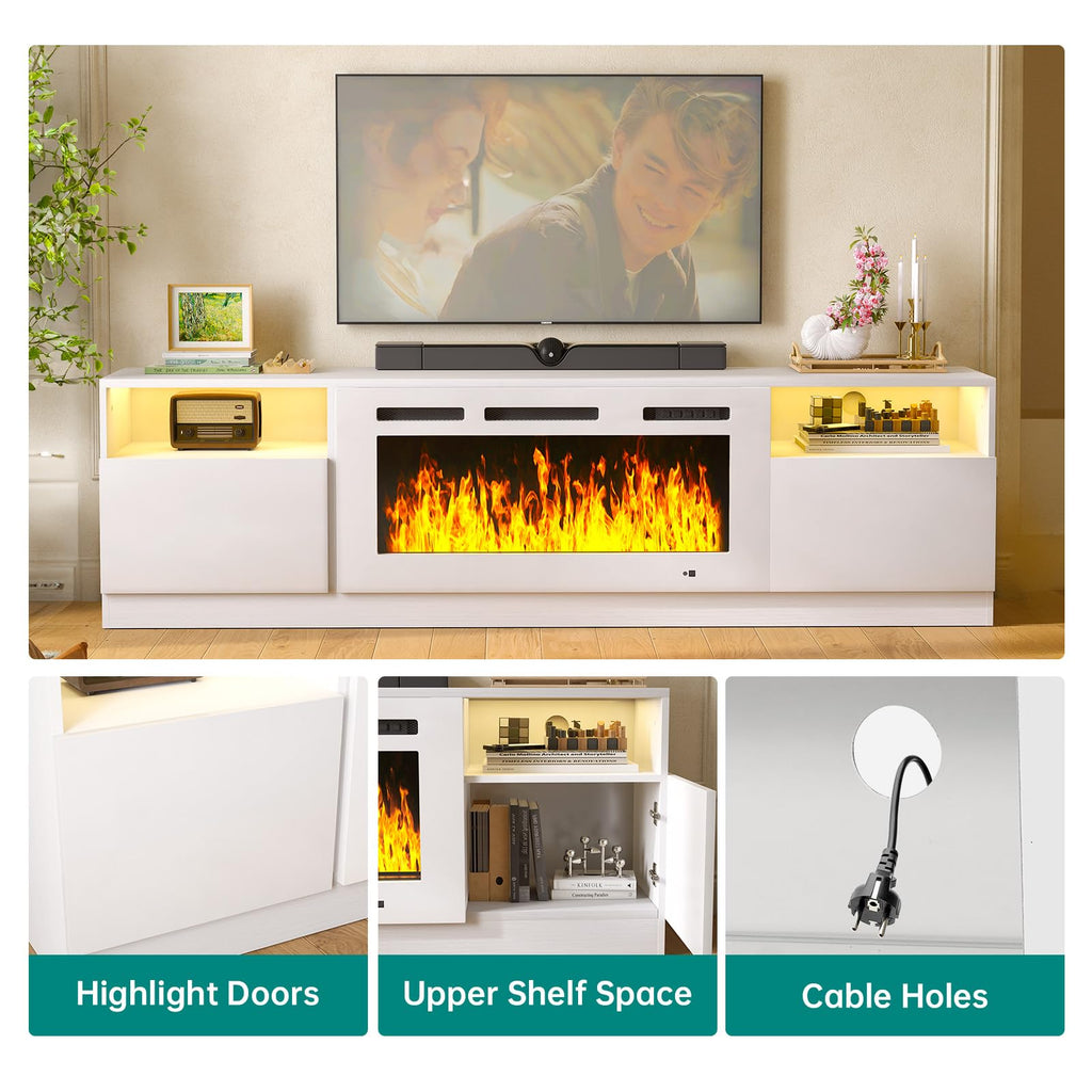 80" Fireplace TV Stand for TVs Up to 90", LED Light Entertainment Center with 36" Electric Fireplace, Modern Wood