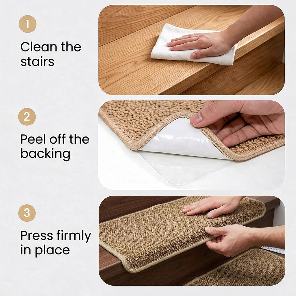 Bullnose Carpet Stair Treads, 29.5"x9.5"x1.5", 14pcs, Camel | Wood stair compatible, washable & reusable