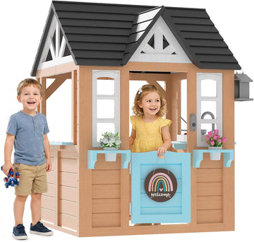 Outdoor Playhouse for Kids - Wooden Kid Play House with Play Kitchen, Birdhouse, Flowerpot Holders and Mud Molds