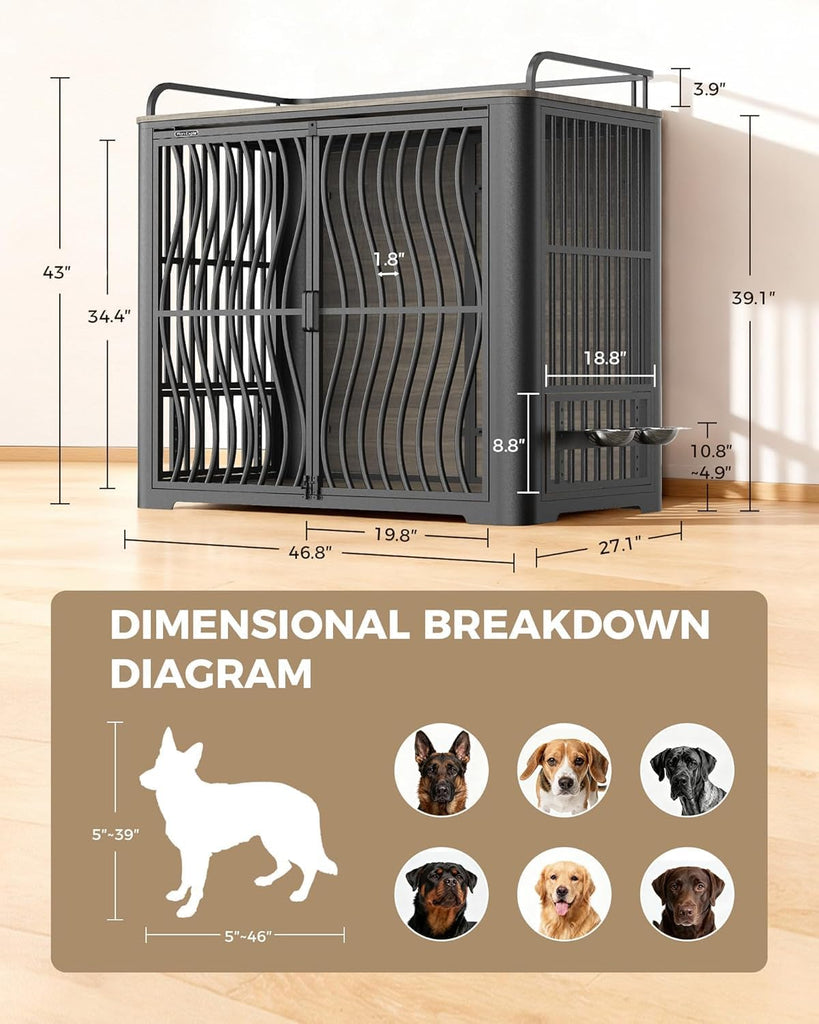 48-Inch Dog Crate Furniture for Large Dogs, Heavy Duty Wood Dog Kennel Furniture Indoor for Large and Medium Dogs
