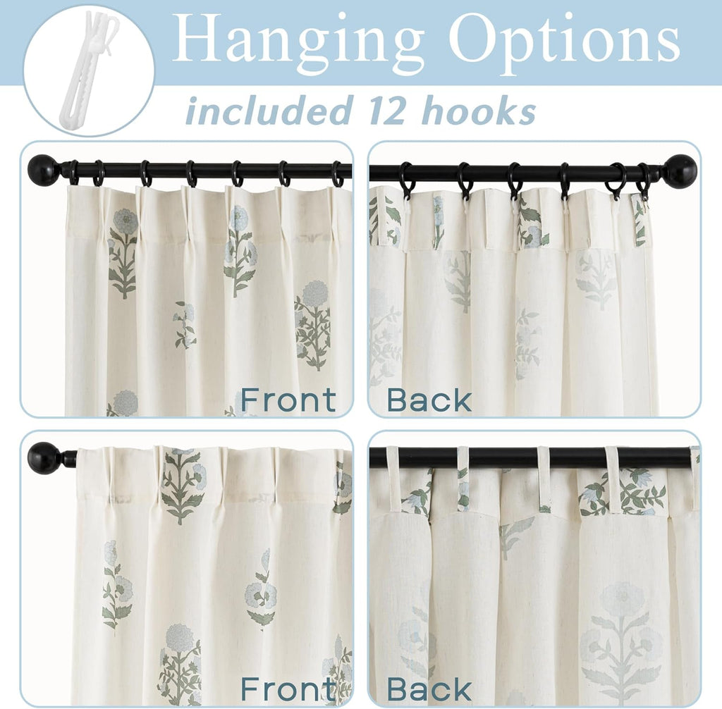 Floral Pinch Pleated Linen Curtains 96 Inch Long 2 Panel Set, Blue Green Grand Millenial Coastal Farmhouse Light