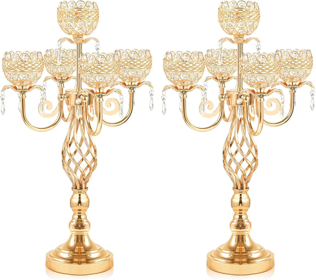 Crystal Candelabra Centerpiece, 5-Light Gold Metal Stand with Hanging Crystals, Decorative Wedding Table Holder (2