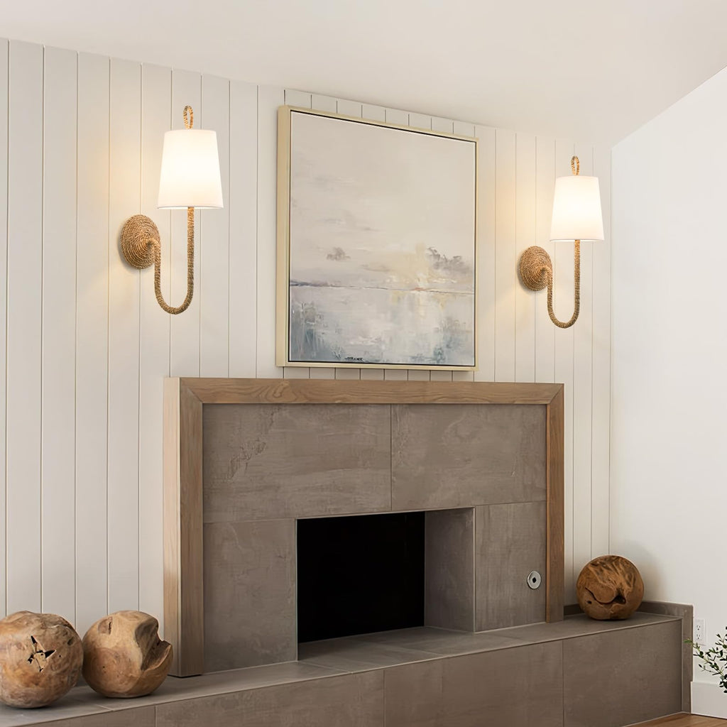 Boho Coastal Rattan Wall Sconce: Set of 2 Wicker Hardwired Bathroom Lights