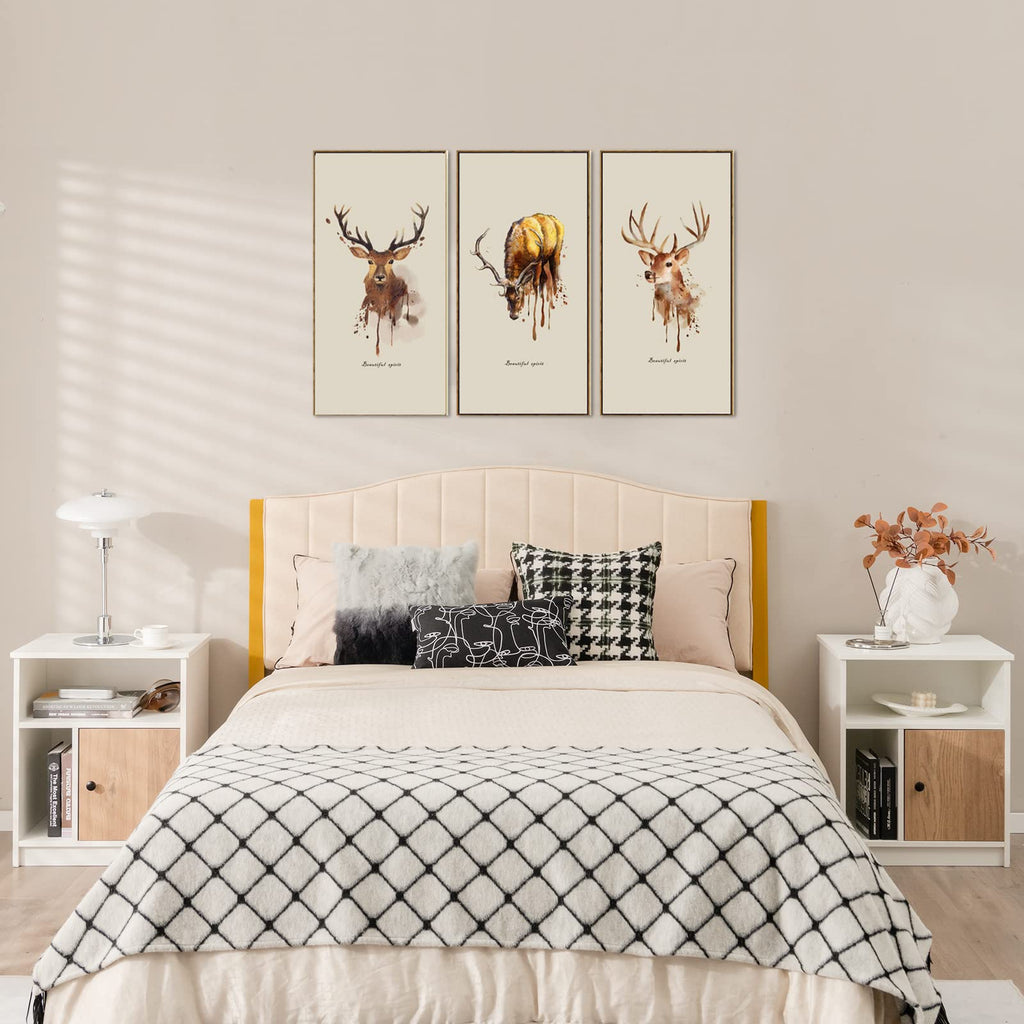 Nightstand Set of 2, Wooden Sofa Side with Bamboo Door & Open Compartments, Multifunctional 3 Tier Bedside Table