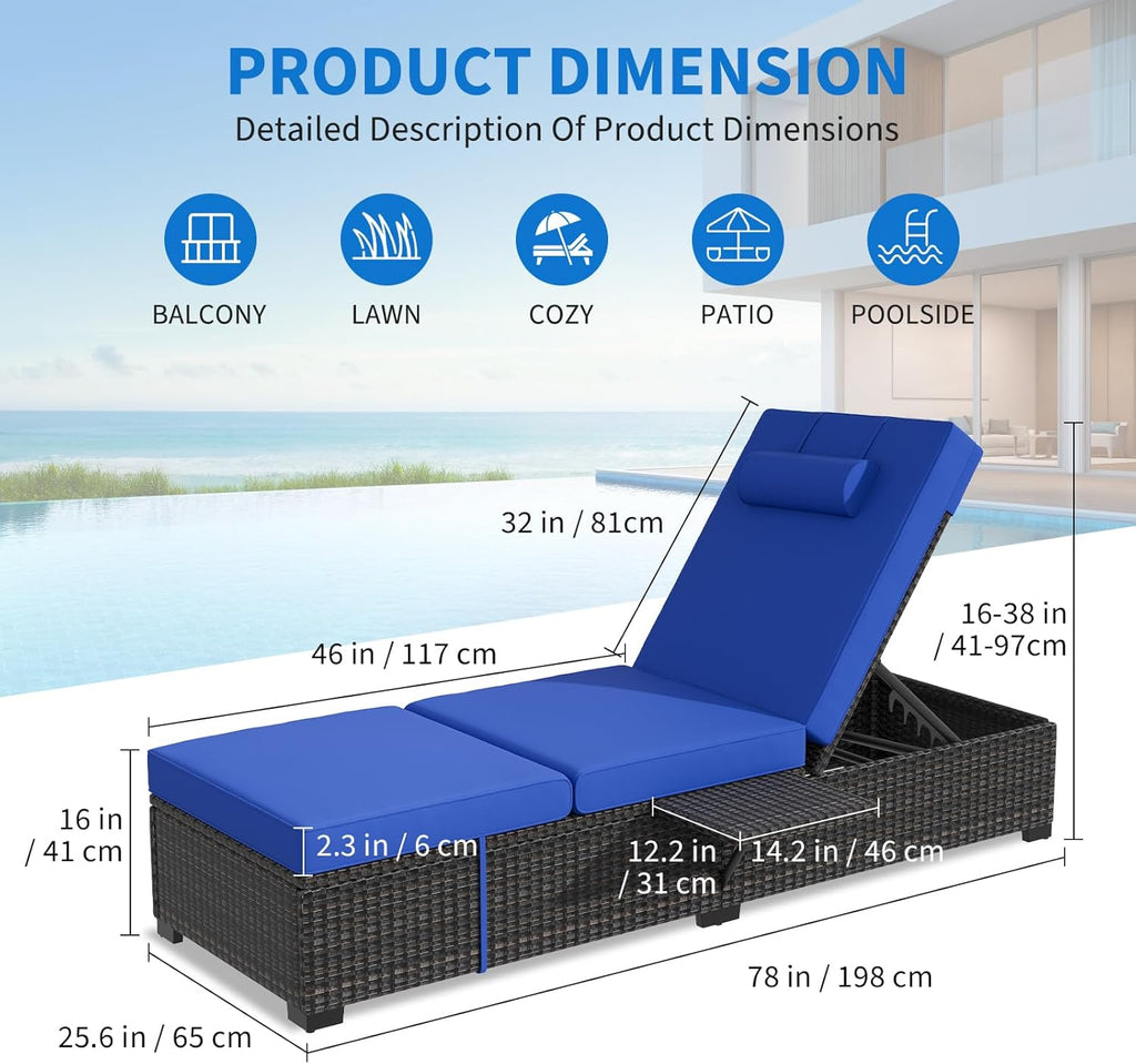 Patio Chaise Lounge Chair, 5-Positions Adjustable Wicker Outdoor Lounge Chairs with Side Table for Poolside, Deck