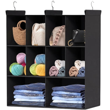 3 Tier Hanging Closet Organizer, 10 Compartments Dual Row Storage, Black