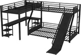 Twin XL Over Queen L Shaped Bunk Bed with Twin Loft Bed, Heavy Duty Metal Triple Bunk Bed with Slide