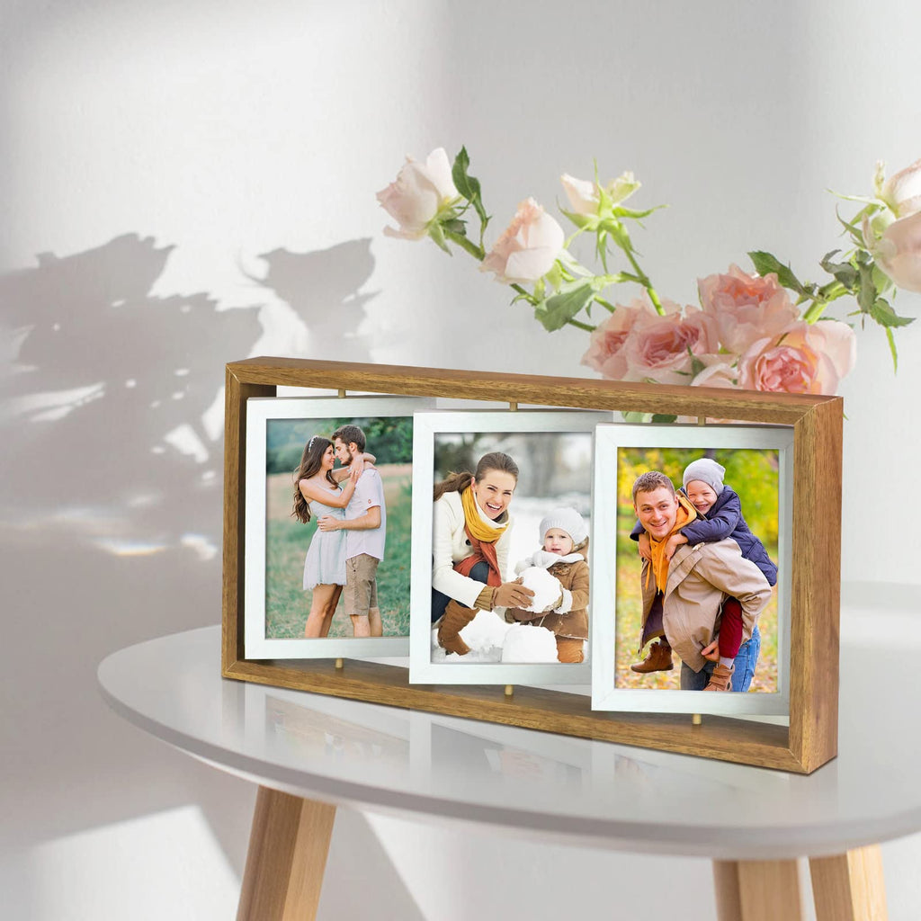 4x6 Rotating Picture Frame Desktop Rustic 4x6in Wooden Photo Frames, Double Side-Display 6 Photos, Floating 4x6