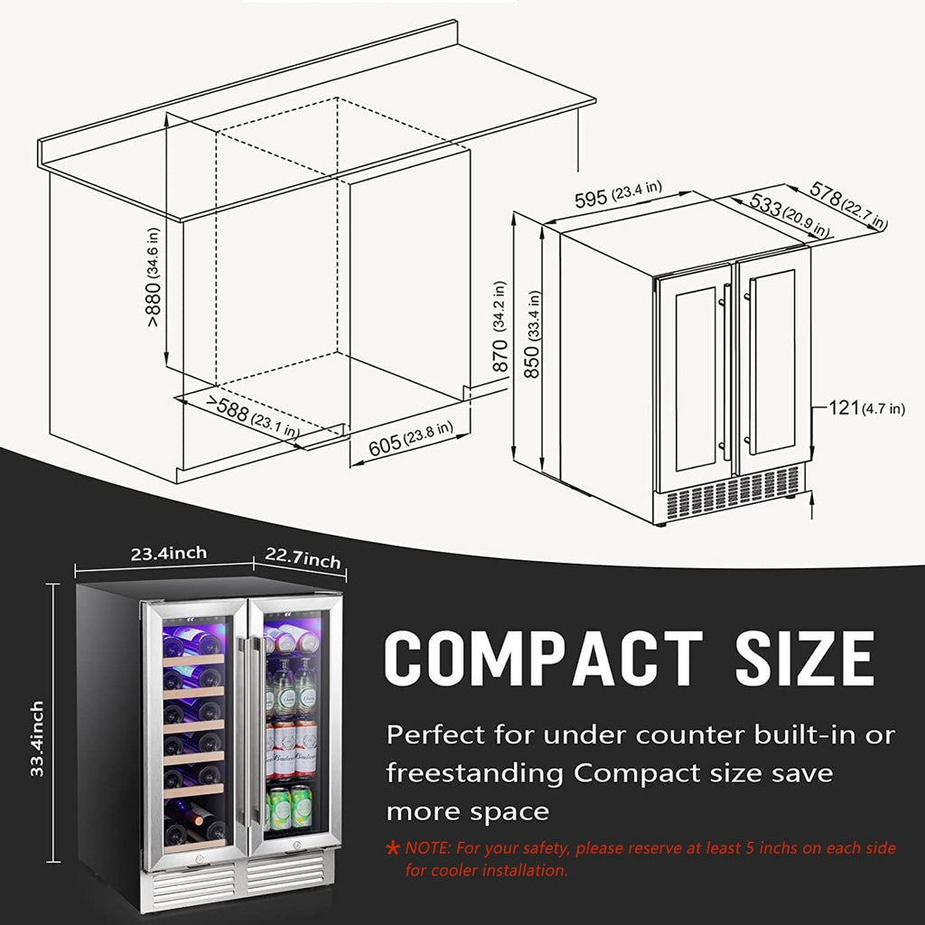 Wine and Beverage Refrigerator, 24 Inch Dual Zone Wine Cooler with Glass Door